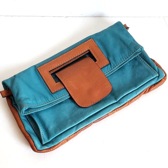 Vintage MODA in ITALIA Convertible 3in1 Leather Clutch Handbag Turquoise Cognac - Picture 8 of 13